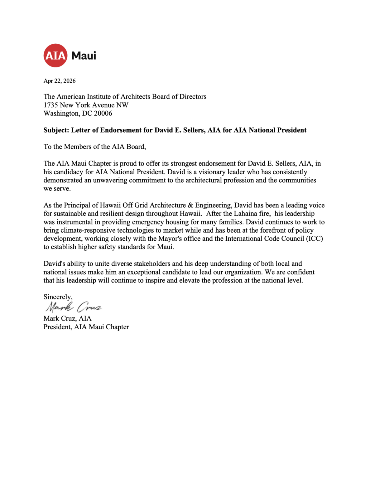 AIA Maui Letter of Endorsement